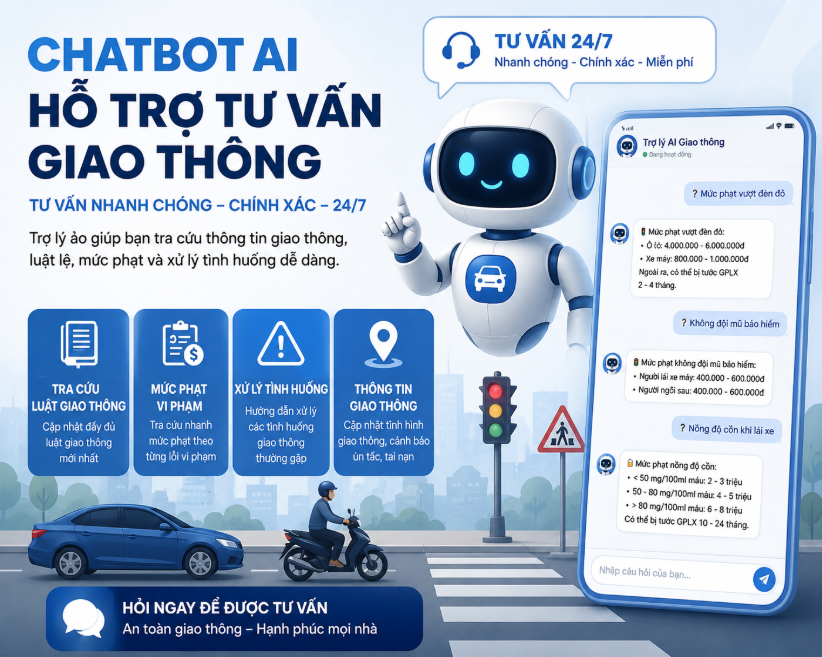 Chatbot AI tư vấn an ninh giao thông phường Tân An, TP. Buôn Ma Thuột, Đắk Lắk. Giải đáp luật, tra cứu phạt, hướng dẫn thủ tục 24/7 miễn phí, chính xác, dễ hiểu!
