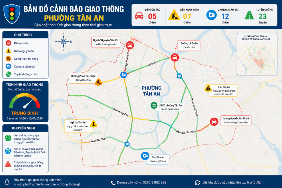 Bản đồ cảnh báo giao thông thông minh phường Tân An, Buôn Ma Thuột, Đắk Lắk. Cập nhật thời gian thực điểm nguy hiểm, tắc đường, sửa chữa, gợi ý lộ trình an toàn nhất!