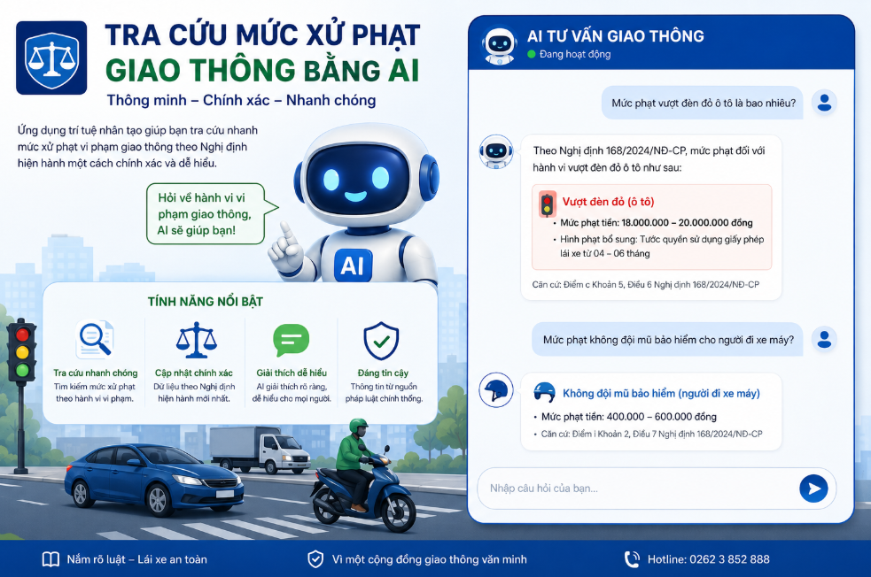 Tra cứu mức xử phạt vi phạm giao thông chính xác nhất 2026 bằng AI. Chỉ cần mô tả hành vi → nhận kết quả theo quy định, không cần nhớ điều luật, cập nhật toàn quốc!