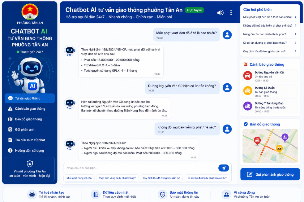 Giao diện Chatbot AI tư vấn an ninh giao thông phường Tân An, Đắk Lắk. Thân thiện, dễ dùng, giải đáp quy định, tra cứu phạt 24/7 cho mọi người dân!