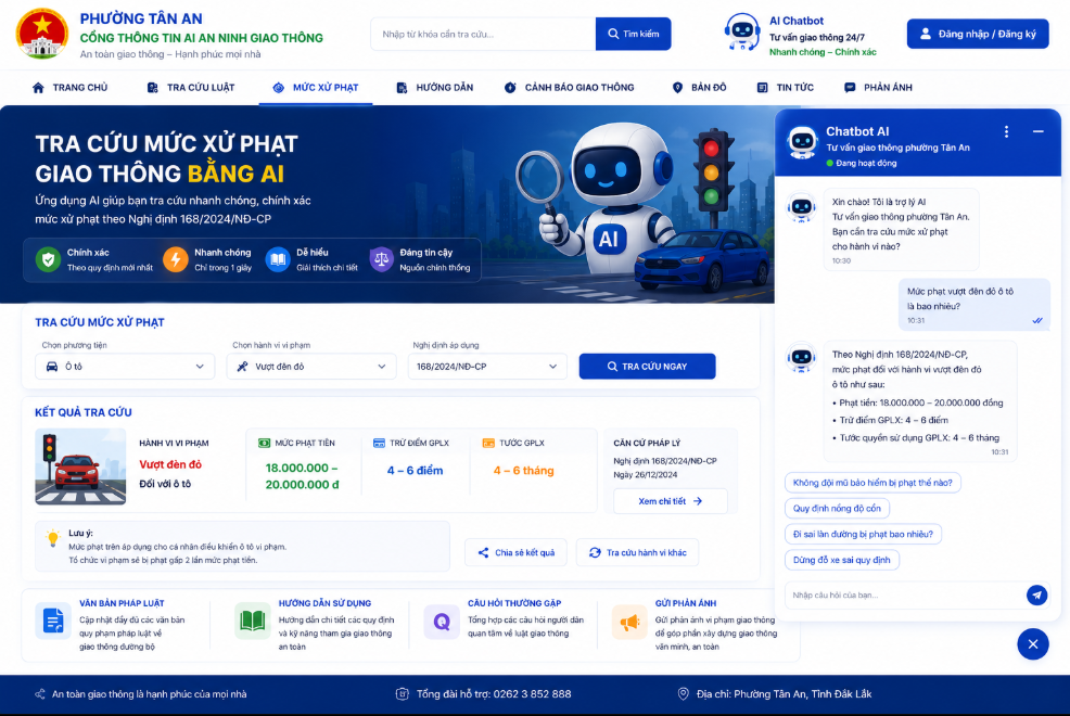 Website AI tra cứu luật giao thông, mức xử phạt vi phạm chính xác 2026 tại phường Tân An, Buôn Ma Thuột, Đắk Lắk. Nhập hành vi → nhận kết quả ngay, miễn phí 24/7!