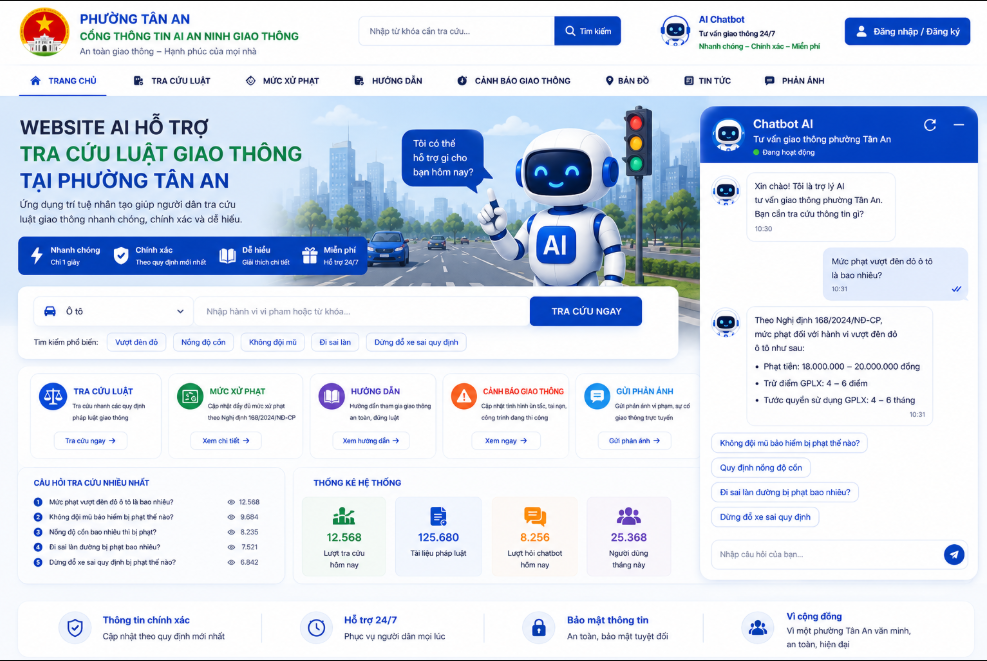Website AI tra cứu luật giao thông, mức xử phạt tại phường Tân An, Buôn Ma Thuột, Đắk Lắk. Tích hợp Chatbot AI giải đáp 24/7, chính xác, dễ sử dụng, hoàn toàn miễn phí!