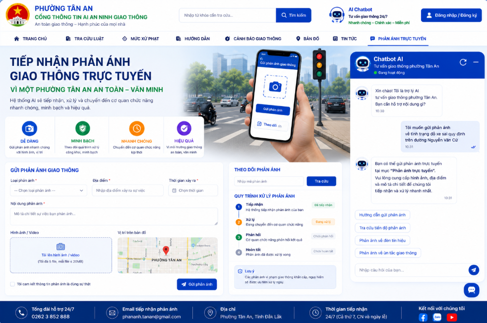 Website AI tra cứu luật, mức xử phạt giao thông; tiếp nhận phản ánh vi phạm, hiểm lộ tại phường Tân An, Buôn Ma Thuột, Đắk Lắk. Gửi ý kiến ngay, theo dõi xử lý hoàn toàn miễn phí!