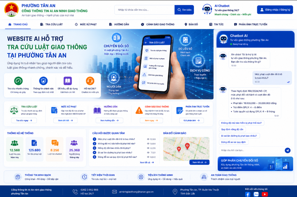 Website AI tra cứu luật giao thông, tiếp nhận phản ánh tại phường Tân An, Buôn Ma Thuột, Đắk Lắk. Đẩy mạnh chuyển đổi số, phục vụ người dân nhanh chóng, minh bạch, hiệu quả!