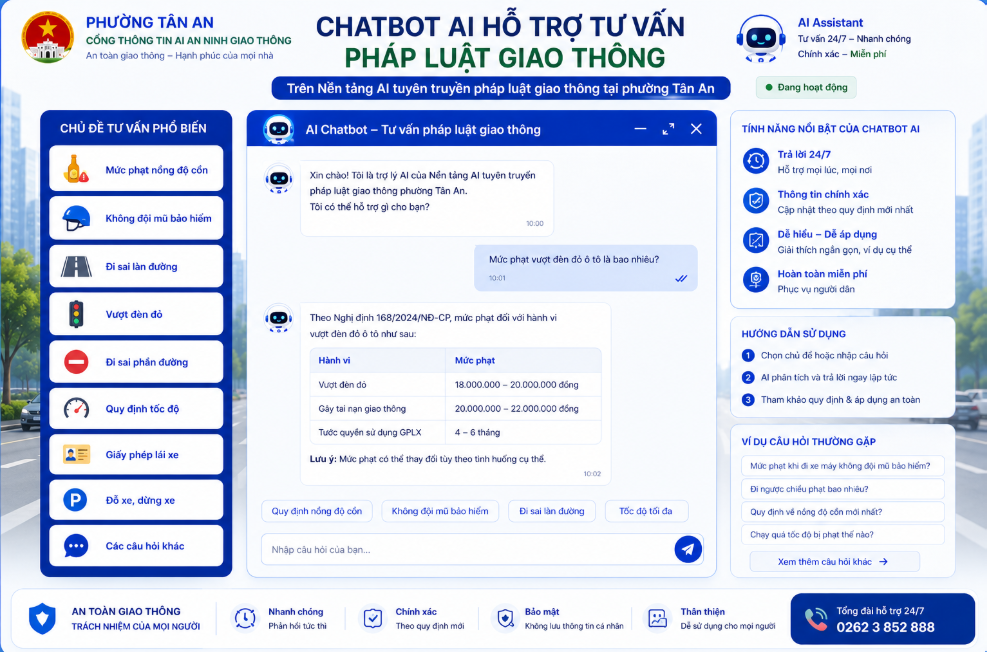 Chatbot AI tư vấn pháp luật giao thông trên nền tảng tuyên truyền phường Tân An, Buôn Ma Thuột, Đắk Lắk. Giải đáp quy định, thủ tục, xử phạt 24/7, chính xác, dễ hiểu!