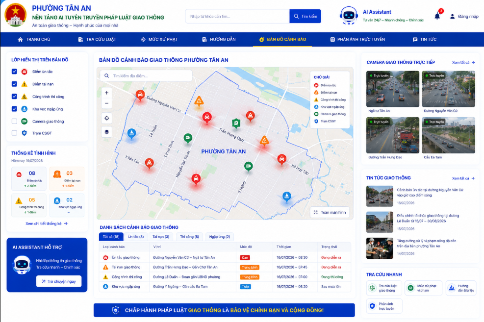 Nền tảng AI tuyên truyền luật giao thông phường Tân An, Buôn Ma Thuột, Đắk Lắk. Tích hợp bản đồ cảnh báo thời gian thực, xem điểm nguy hiểm, đường sửa chữa, gợi ý lộ trình an toàn!