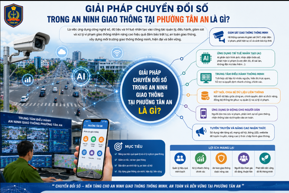 Giải pháp chuyển đổi số an ninh giao thông tại phường Tân An, Buôn Ma Thuột, Đắk Lắk là gì? Ứng dụng AI, bản đồ số, dịch vụ trực tuyến nâng cao hiệu quả quản lý và phục vụ người dân!