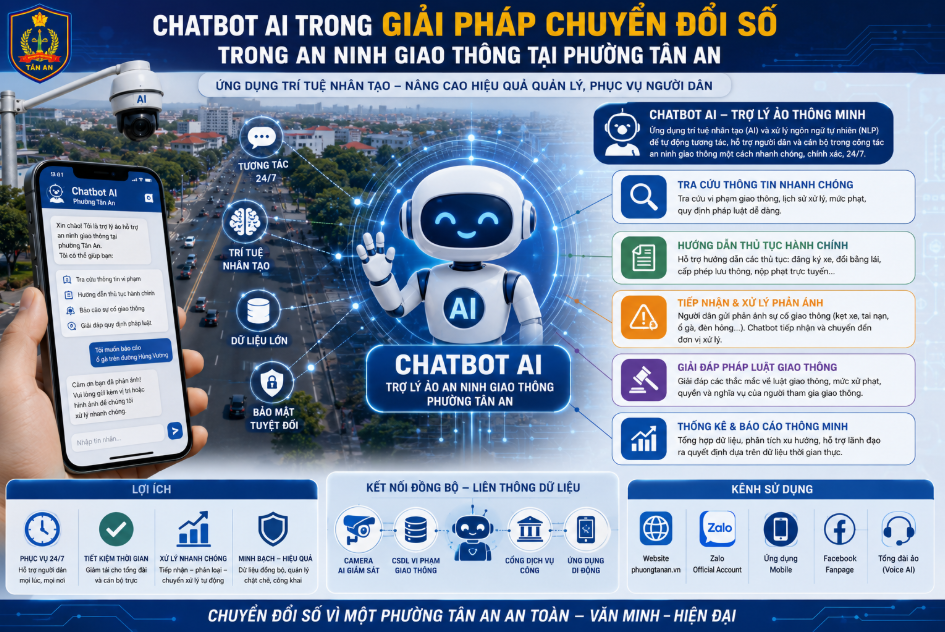 Chatbot AI trong giải pháp chuyển đổi số an ninh giao thông phường Tân An, Buôn Ma Thuột, Đắk Lắk. Tư vấn 24/7, giải đáp luật, tra cứu phạt, rút ngắn quy trình, nâng cao hiệu quả!
