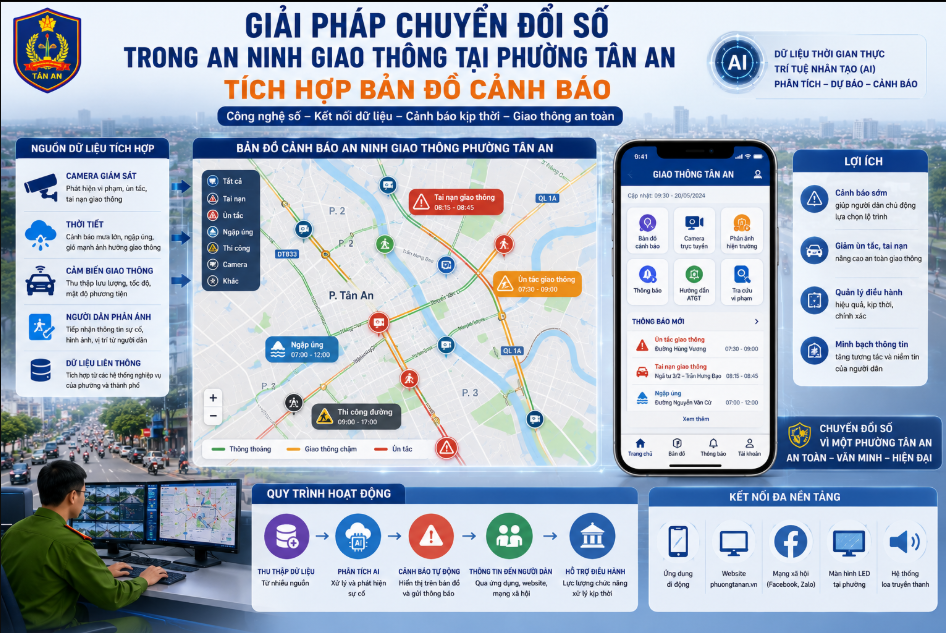 Giải pháp chuyển đổi số an ninh giao thông phường Tân An tích hợp bản đồ cảnh báo thời gian thực. Xem điểm nguy hiểm, sửa chữa, gợi ý lộ trình an toàn, nâng cao hiệu quả quản lý!