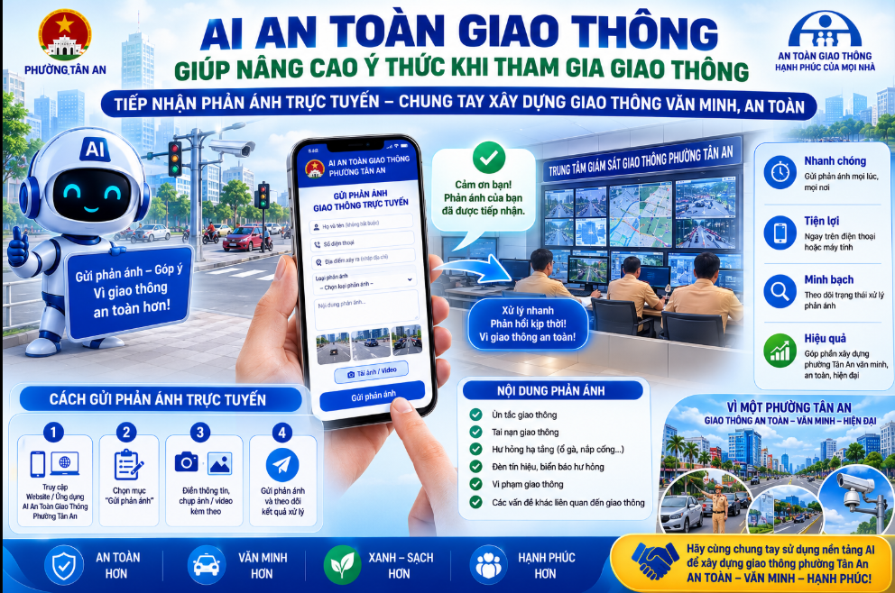 AI an toàn giao thông tiếp nhận phản ánh trực tuyến vi phạm, hiểm lộ. Người dân tham gia góp ý, cùng nâng cao ý thức chung, xây dựng giao thông văn minh tại phường Tân An, Đắk Lắk!