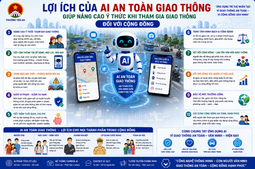 Lợi ích của AI an toàn giao thông giúp nâng cao ý thức: giảm vi phạm, hạn chế tai nạn, xây dựng văn hóa đi đường văn minh, an toàn cho toàn bộ cộng đồng phường Tân An, Đắk Lắk!