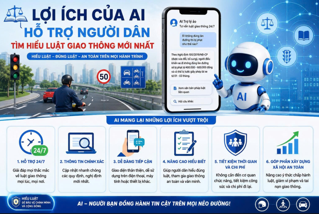 AI giúp người dân cập nhật nhanh luật giao thông mới nhất 2026, giải thích dễ hiểu, không bỏ lỡ quy định thay đổi, tuân thủ đúng luật và tham gia giao thông an toàn!