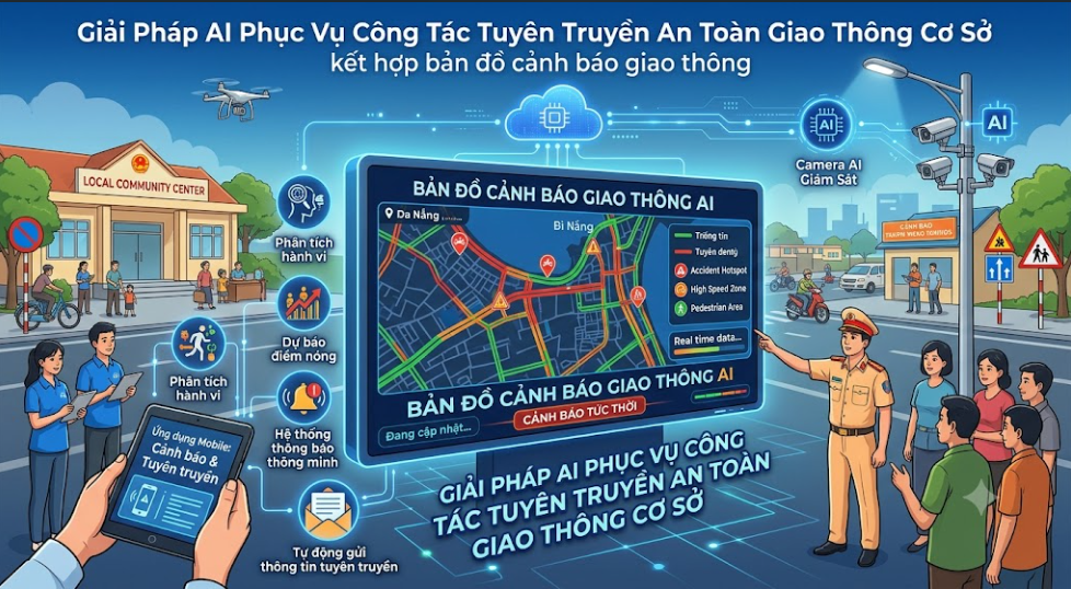 Giải pháp AI tuyên truyền giao thông cơ sở kết hợp bản đồ cảnh báo thời gian thực. Xem điểm nguy hiểm, sửa chữa, gợi ý lộ trình an toàn, giúp người dân hiểu và tuân thủ luật hiệu quả hơn!