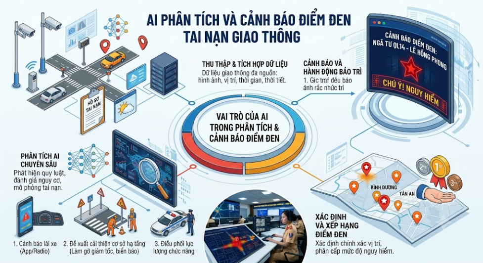 AI phân tích, dự báo và cảnh báo điểm đen tai nạn, giúp xác định nguyên nhân, ưu tiên cải tạo hạ tầng, nâng cao ý thức và giảm thiểu tai nạn hiệu quả, bền vững!
