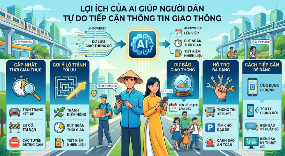 AI giúp mọi người dân tiếp cận thông tin giao thông dễ dàng, bình đẳng: nắm rõ luật lệ, cập nhật thay đổi, giảm hiểu lầm, hạn chế vi phạm và tham gia giao thông an toàn hơn!